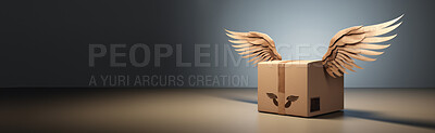Flying box transportation express delivery order service. Box with wings background concept