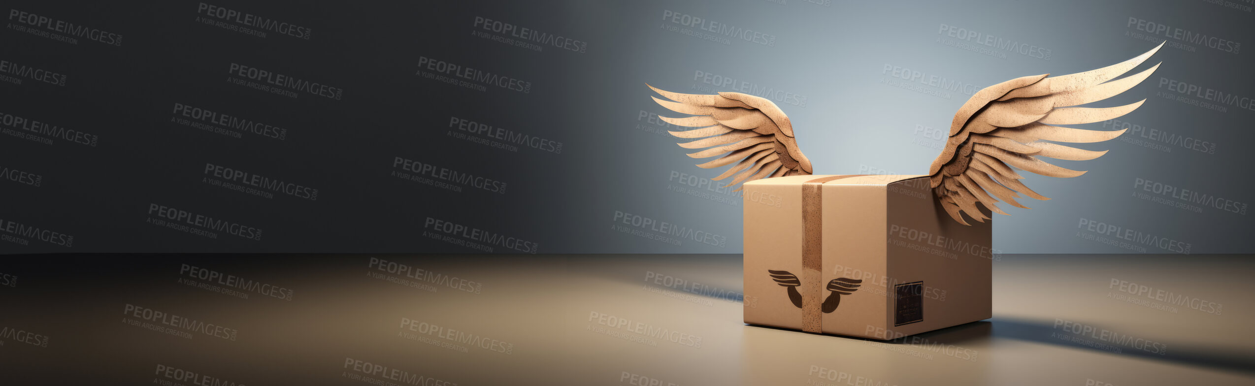 Buy stock photo Flying box transportation express delivery order service. Box with wings background concept