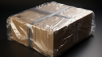 Box package shipment wrapped in plastic, safe delivery logistics and transport