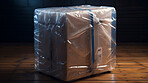 Box package shipment wrapped in plastic, safe delivery logistics and transport