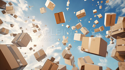 Online delivery and shipping service concept with cardboard package boxes falling from blue sky