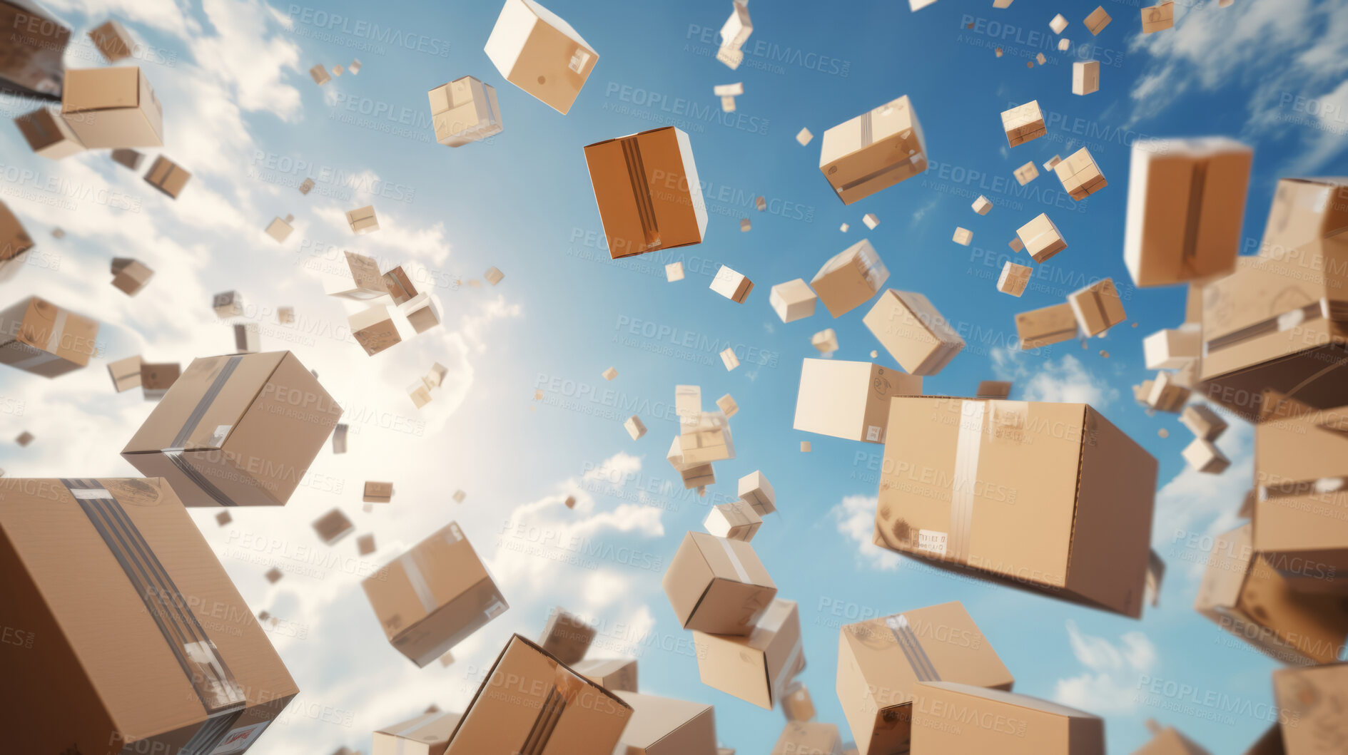 Buy stock photo Online delivery and shipping service concept with cardboard package boxes falling from blue sky