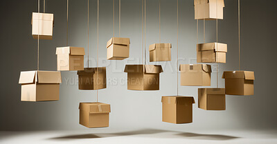 Online delivery and shipping service concept with hanging cardboard package boxes
