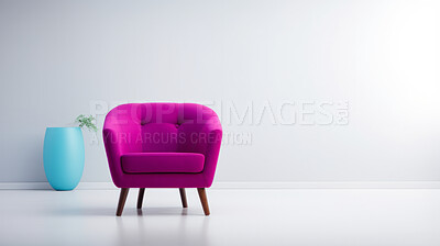 Minimalist interior with armchair, blank wall for copy space. Mockup modern living room