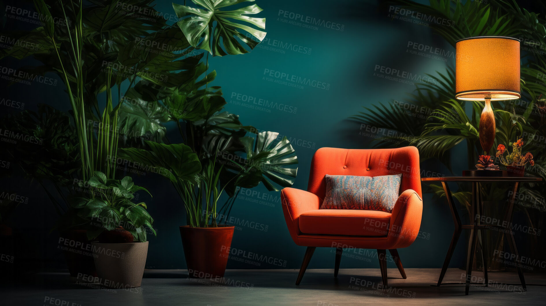 Buy stock photo Minimalist interior with armchair, blank wall for copy space. Mockup modern living room