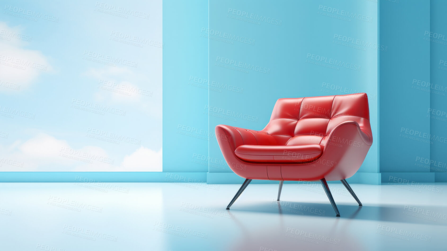 Buy stock photo Minimalist interior with armchair, blank wall for copy space. Mockup modern living room