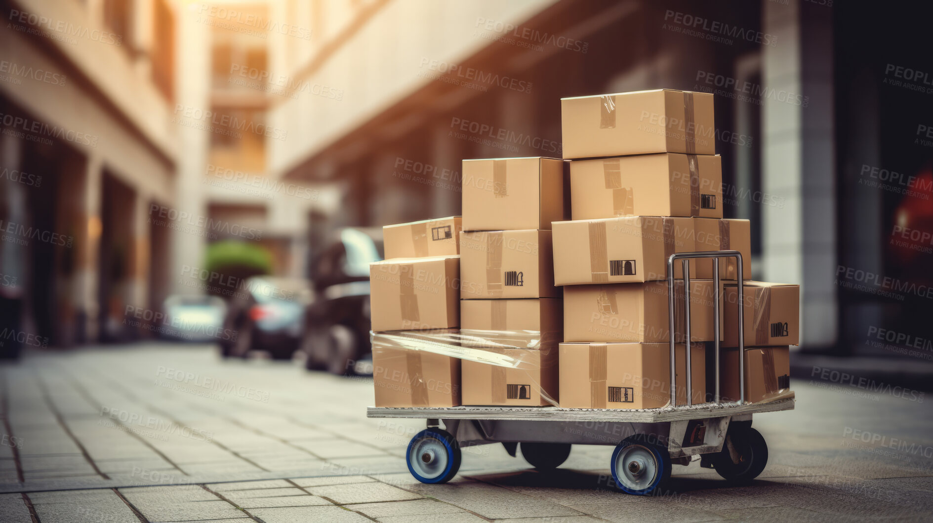 Buy stock photo Cardboard box packages on trolley. Logistics and distribution service