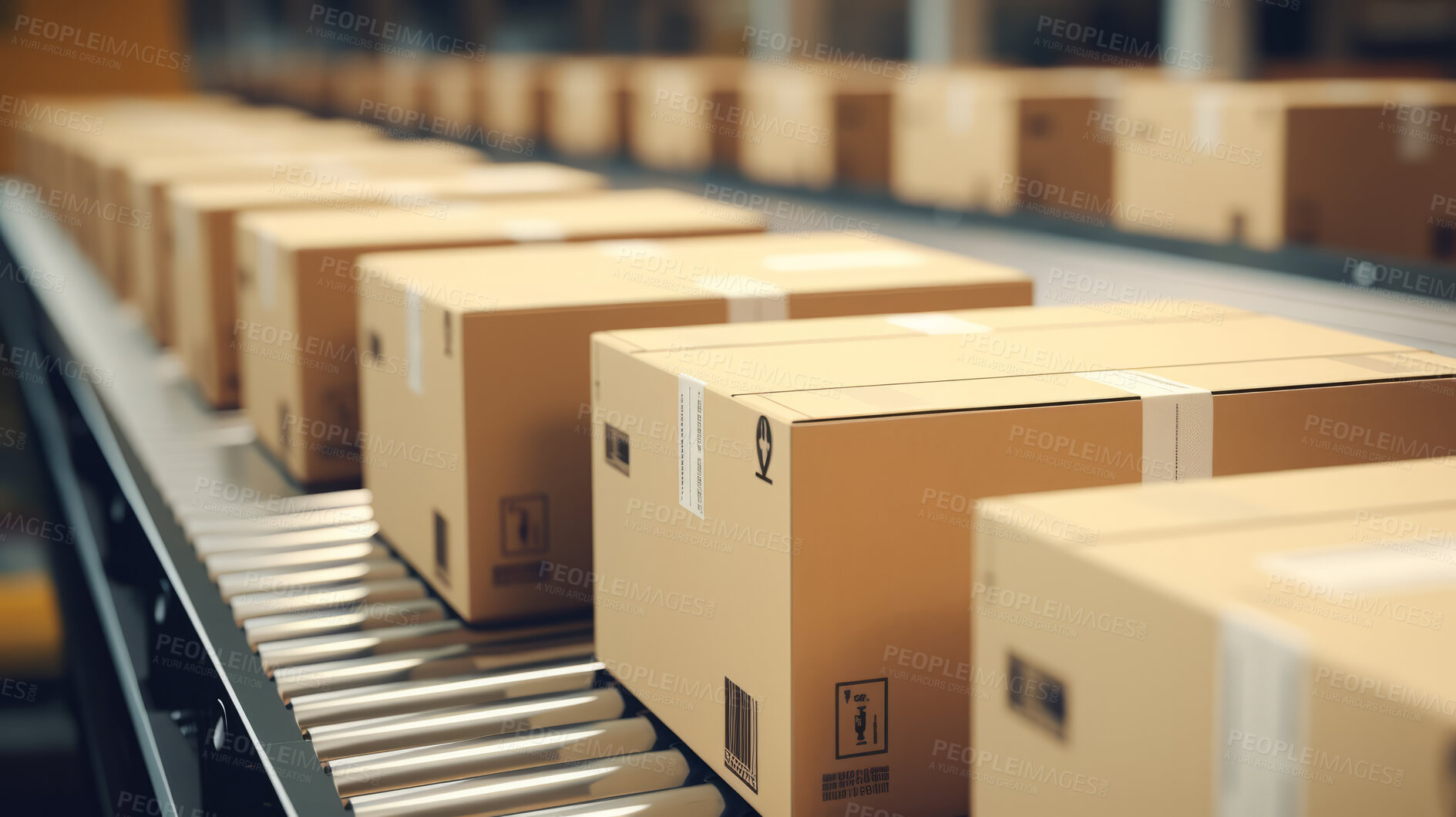 Buy stock photo Cardboard box packages on moving conveyor belt in delivery warehouse fulfillment center.