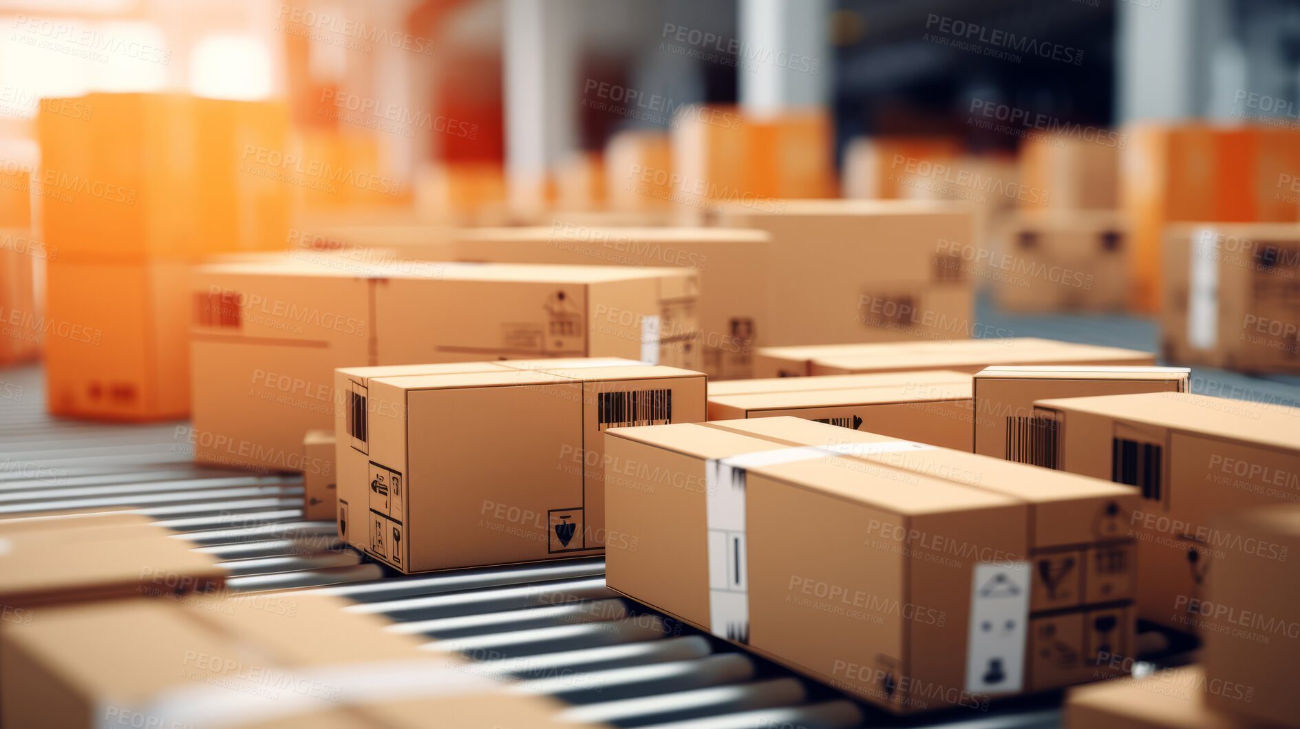 Buy stock photo Cardboard box packages on conveyor belt in delivery warehouse fulfillment center.