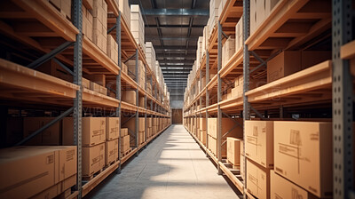 Buy stock photo Warehouse with shelves of products and goods in cartons. Product distribution center.