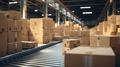 Cardboard box packages on conveyor belt in delivery warehouse fulfillment center.