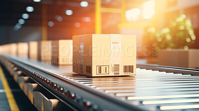 Cardboard box packages on moving conveyor belt in delivery warehouse fulfillment center.