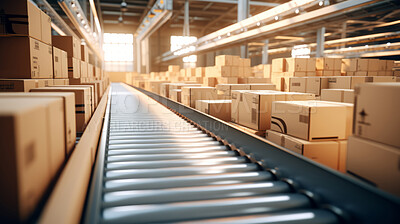 Cardboard box packages by conveyor belt in delivery warehouse fulfillment center.