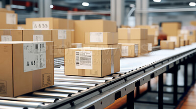 Buy stock photo Cardboard box packages on moving conveyor belt in delivery warehouse fulfillment center.
