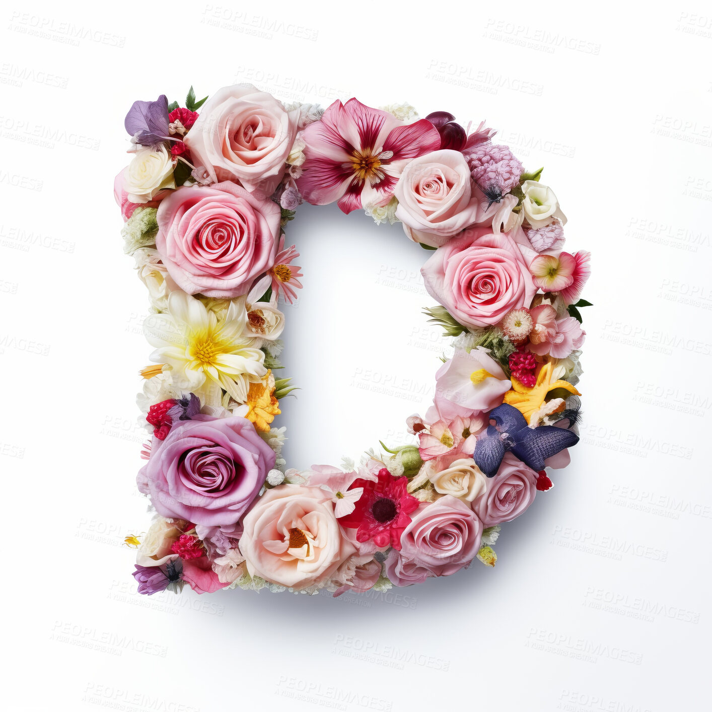 Buy stock photo Colorful alphabet capital letter D made with flowers. Spring summer flower font.