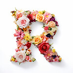 Colorful alphabet capital letter R made with flowers. Spring summer flower font.