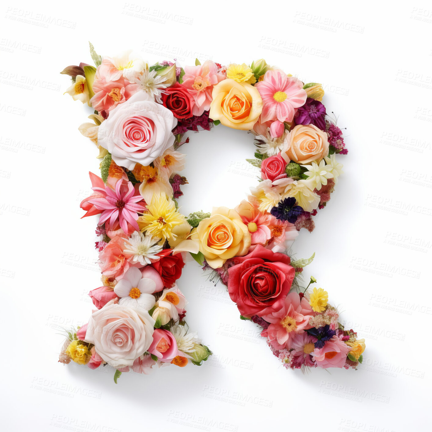 Buy stock photo Colorful alphabet capital letter R made with flowers. Spring summer flower font.