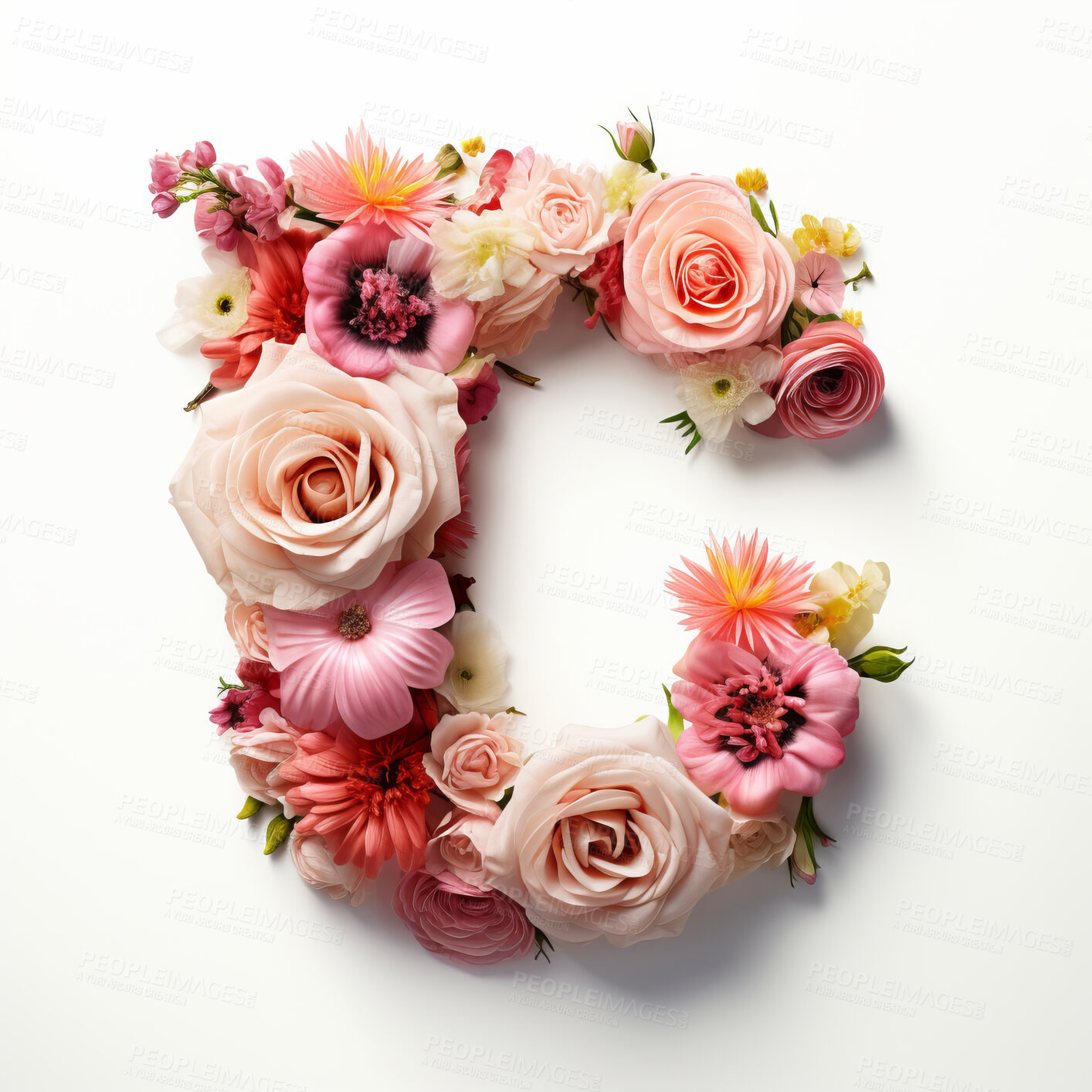 Buy stock photo Colorful alphabet capital letter C made with flowers. Spring summer flower font.