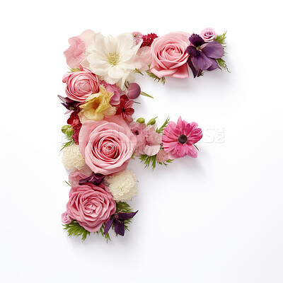 Colorful alphabet capital letter F made with flowers. Spring summer flower font.