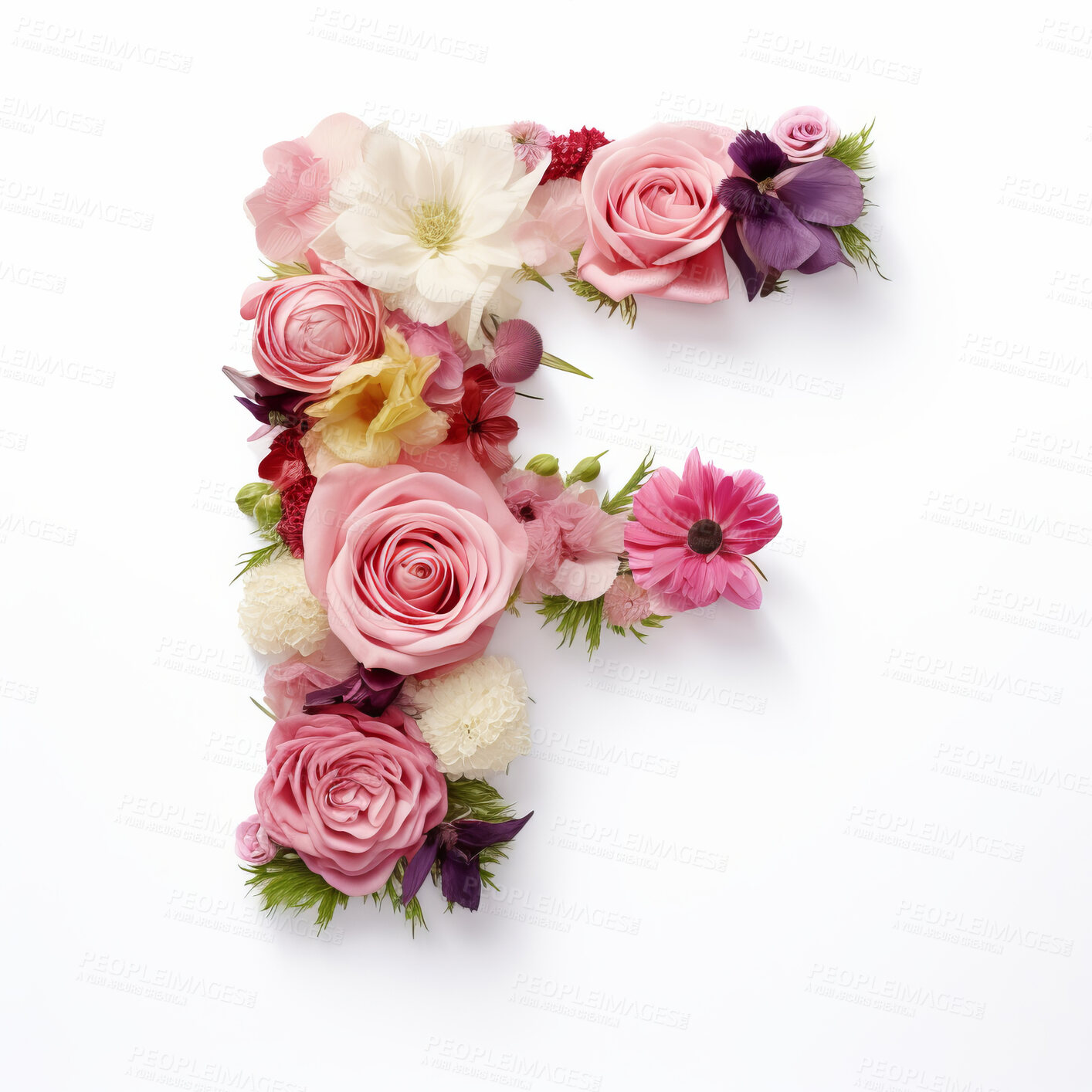 Buy stock photo Colorful alphabet capital letter F made with flowers. Spring summer flower font.