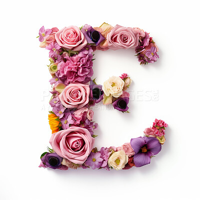 Colorful alphabet capital letter E made with flowers. Spring summer flower font.