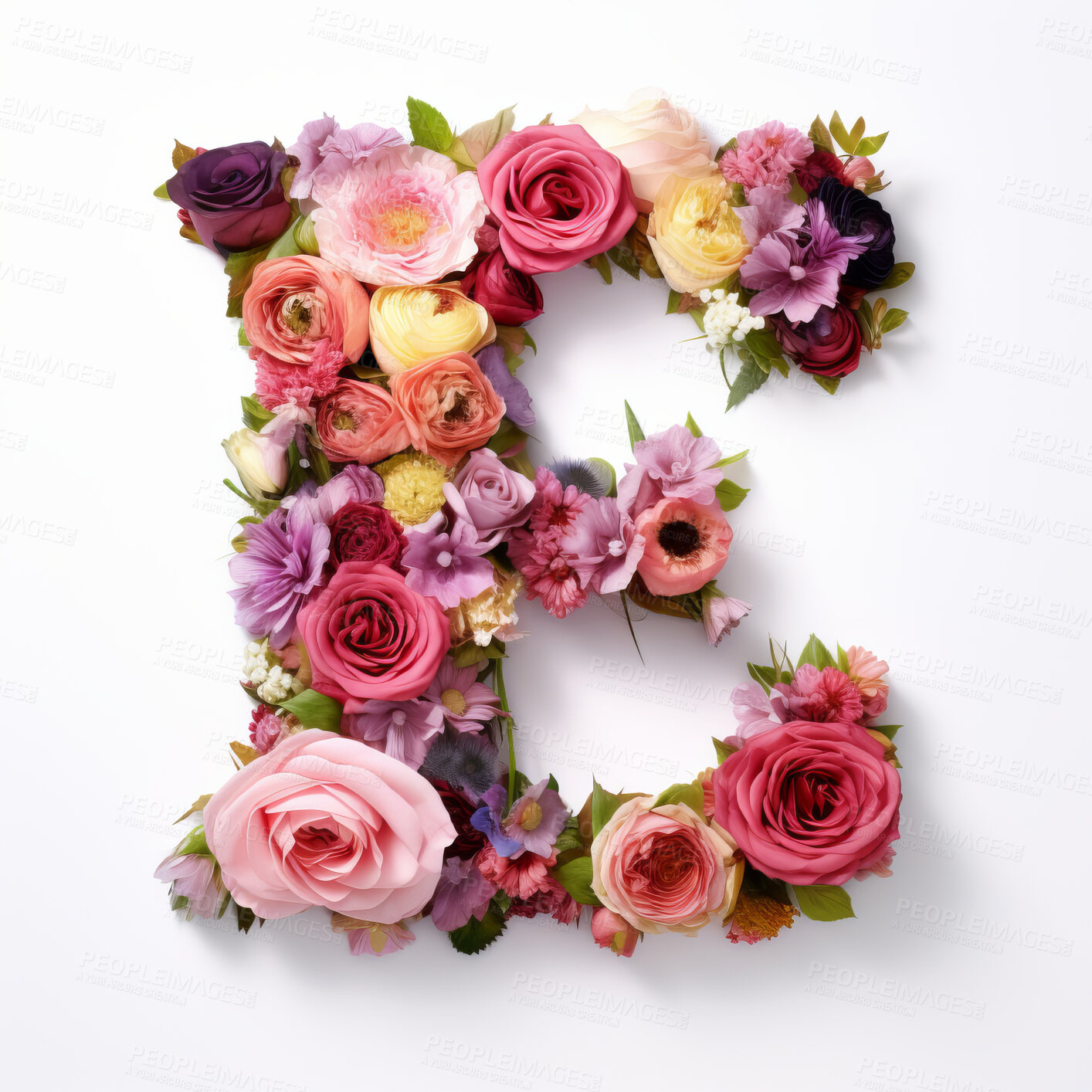 Buy stock photo Colorful alphabet capital letter E made with flowers. Spring summer flower font.