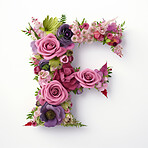 Colorful alphabet capital letter F made with flowers. Spring summer flower font.