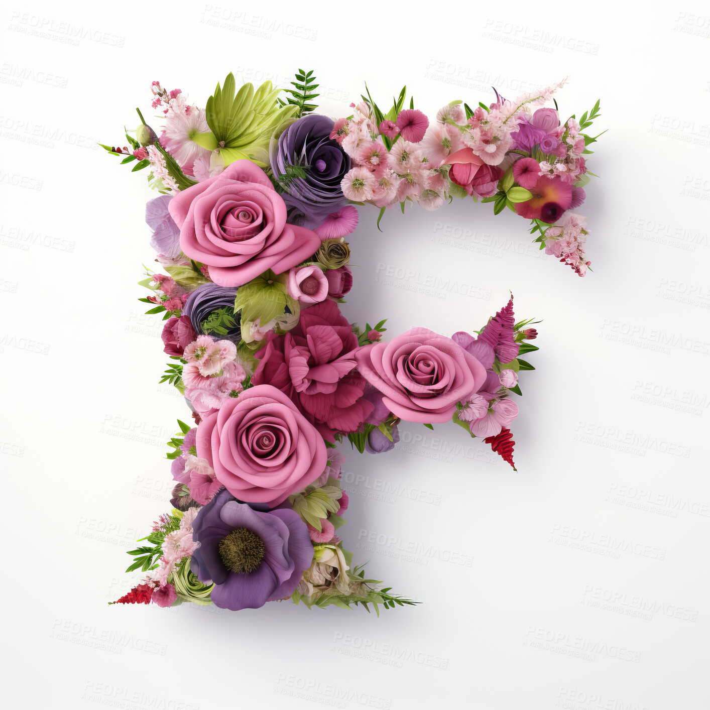 Buy stock photo Colorful alphabet capital letter F made with flowers. Spring summer flower font.