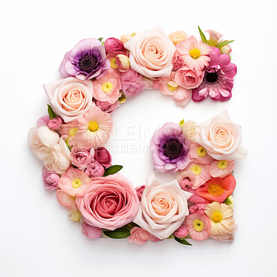 Colorful alphabet capital letter G made with flowers. Spring summer flower font.