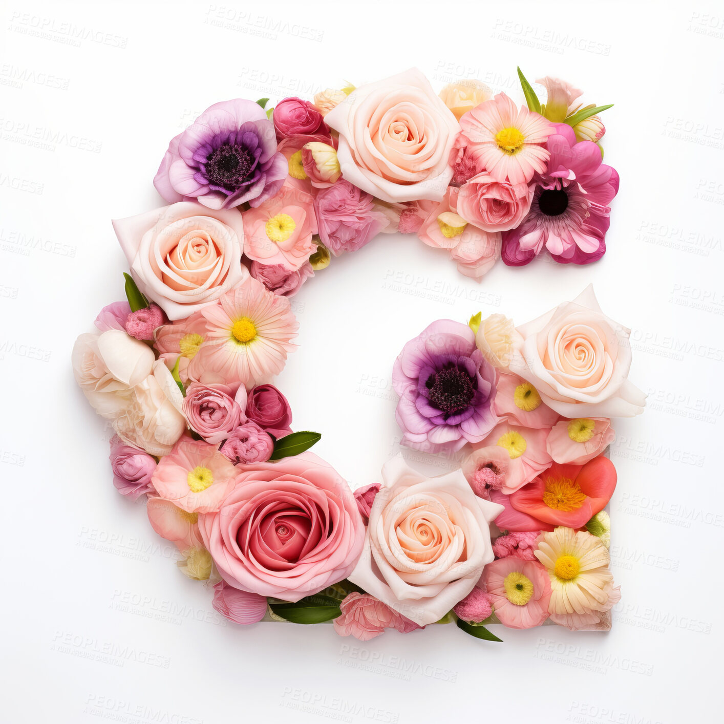 Buy stock photo Colorful alphabet capital letter G made with flowers. Spring summer flower font.