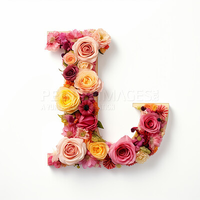 Colorful alphabet capital letter L made with flowers. Spring summer flower font.