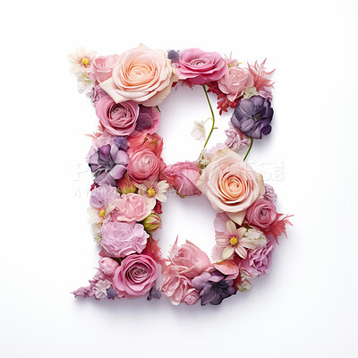 Colorful alphabet capital letter B made with flowers. Spring summer flower font.