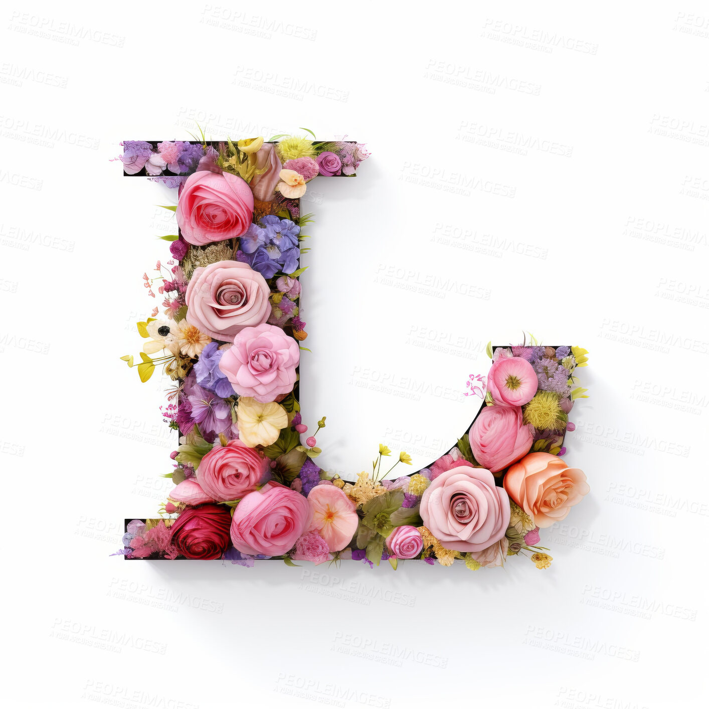 Buy stock photo Colorful alphabet capital letter L made with flowers. Spring summer flower font.