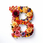 Colorful alphabet capital letter B made with flowers. Spring summer flower font.