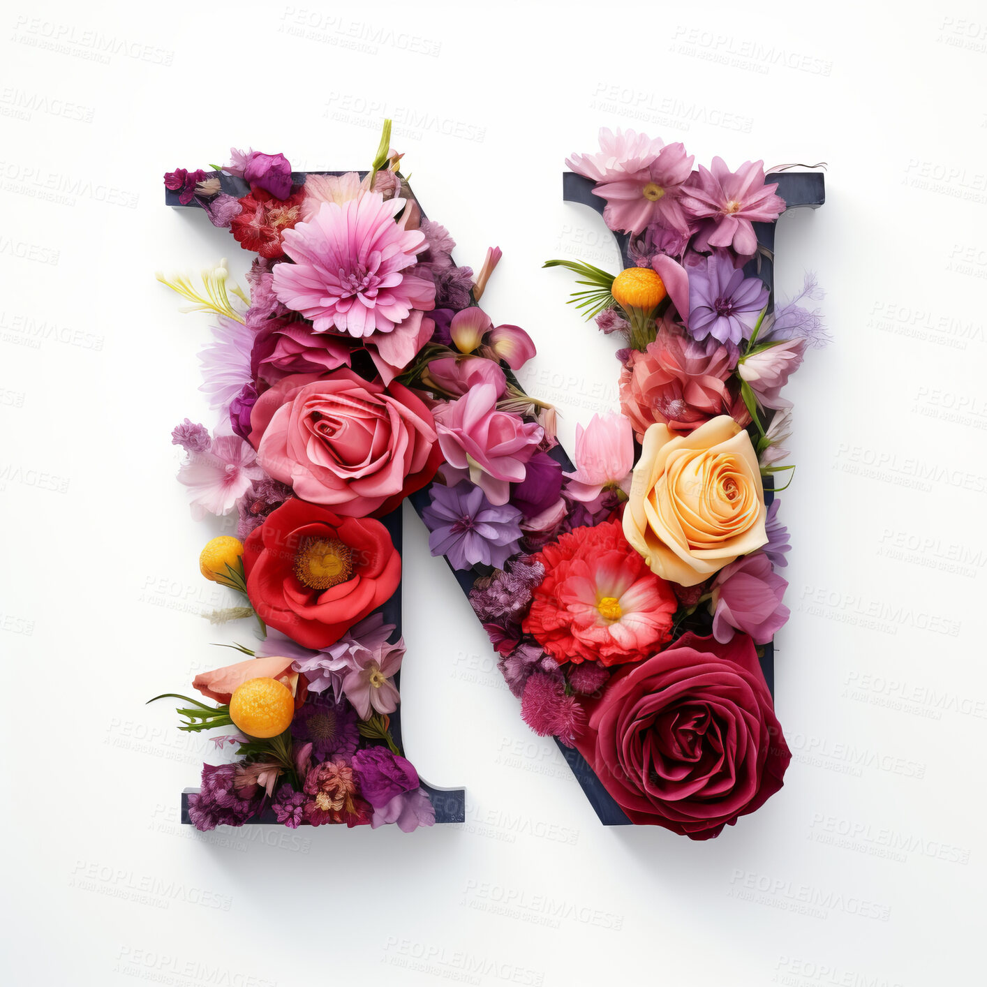 Buy stock photo Colorful alphabet capital letter N made with flowers. Spring summer flower font.