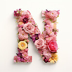 Colorful alphabet capital letter N made with flowers. Spring summer flower font.