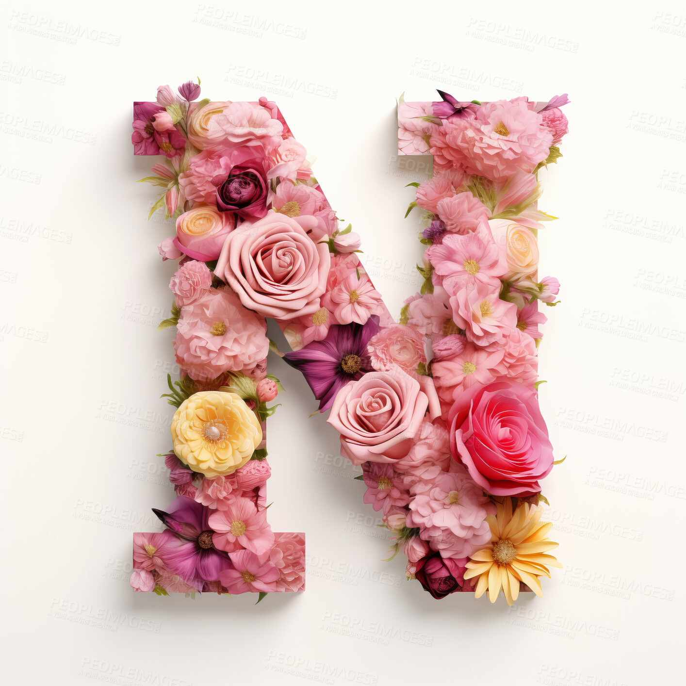 Buy stock photo Colorful alphabet capital letter N made with flowers. Spring summer flower font.