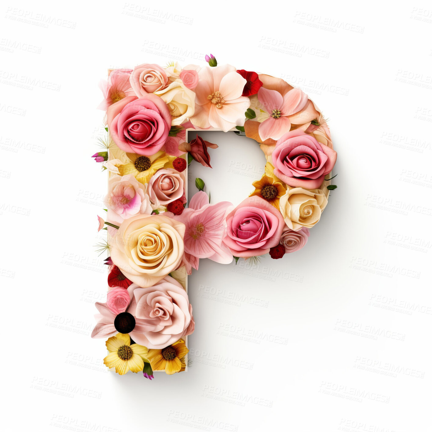 Buy stock photo Colorful alphabet capital letter P made with flowers. Spring summer flower font.