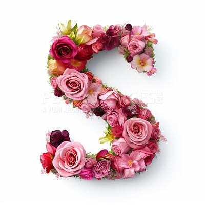 Colorful alphabet capital letter S made with flowers. Spring summer flower font.