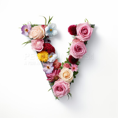 Colorful alphabet capital letter V made with flowers. Spring summer flower font.