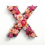 Colorful alphabet capital letter X made with flowers. Spring summer flower font.