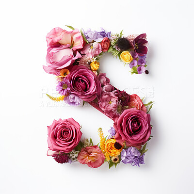 Colorful alphabet capital letter S made with flowers. Spring summer flower font.