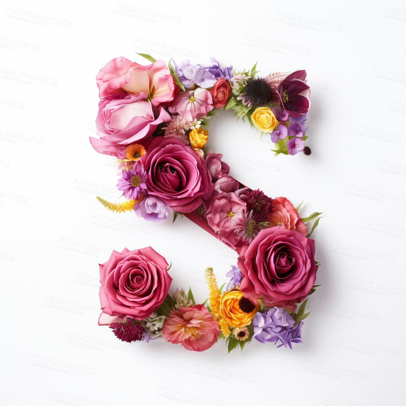 Buy stock photo Colorful alphabet capital letter S made with flowers. Spring summer flower font.