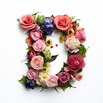 Colorful alphabet capital letter D made with flowers. Spring summer flower font.