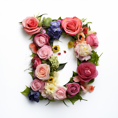 Colorful alphabet capital letter D made with flowers. Spring summer flower font.