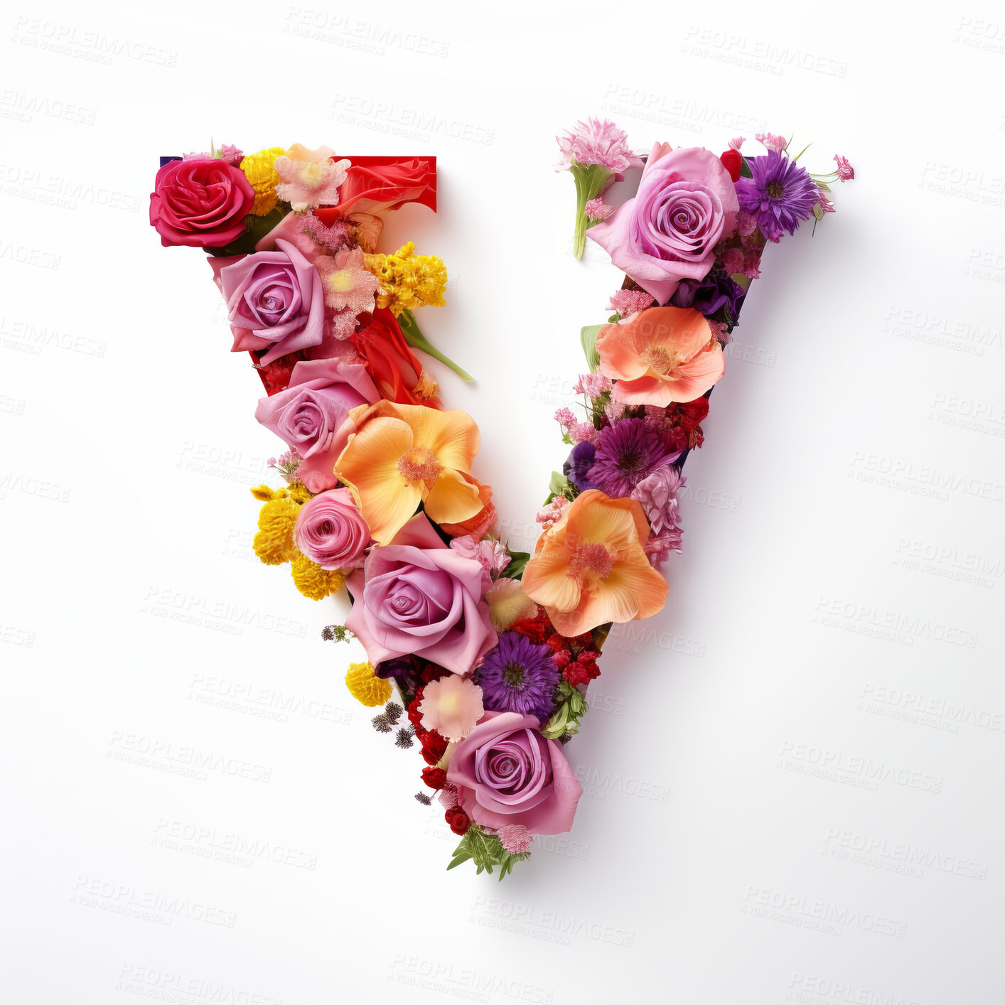 Buy stock photo Colorful alphabet capital letter V made with flowers. Spring summer flower font.