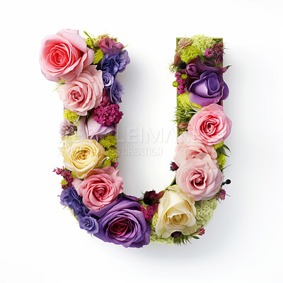 Colorful alphabet capital letter U made with flowers. Spring summer flower font.