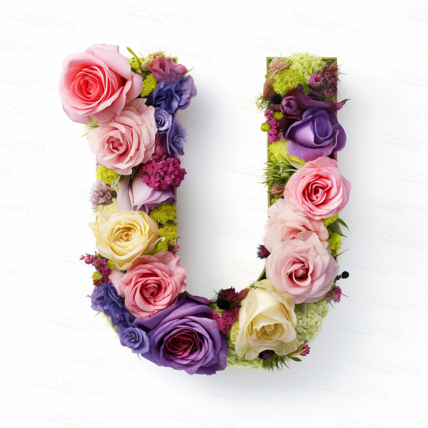 Buy stock photo Colorful alphabet capital letter U made with flowers. Spring summer flower font.