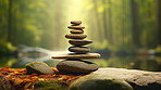 Stacked zen stones meditation and concentration. Wallpaper background with copy-space.