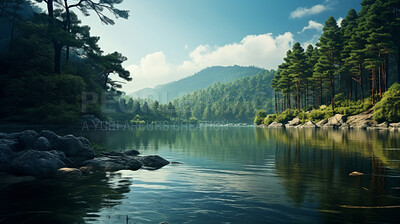 Beautiful landscape view of forest tree and lake view of reservoir. Travel, peace and vacation.
